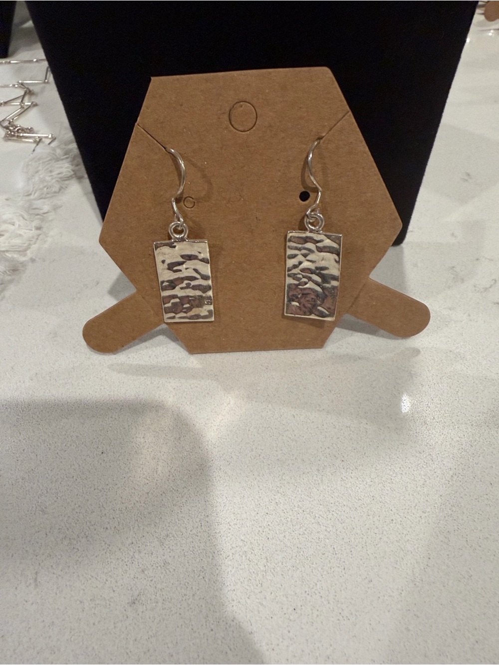 Sterling Silver Textured Rectangle Drop Earrings. Marked .925